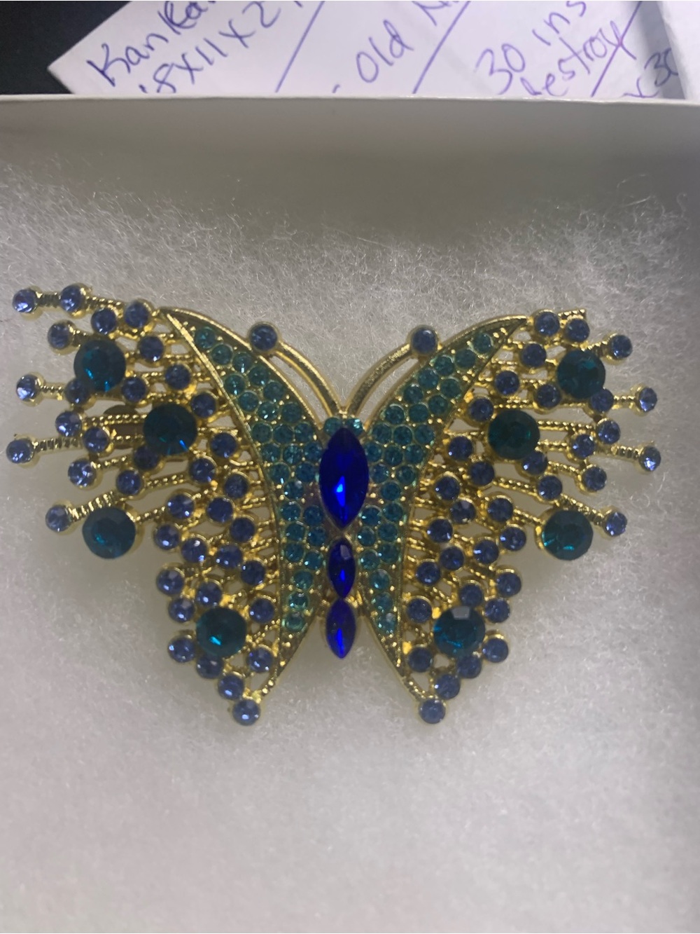 Beautiful Gold Tone Multicolored Blue Rhinestone Butterfly Brooch Pin